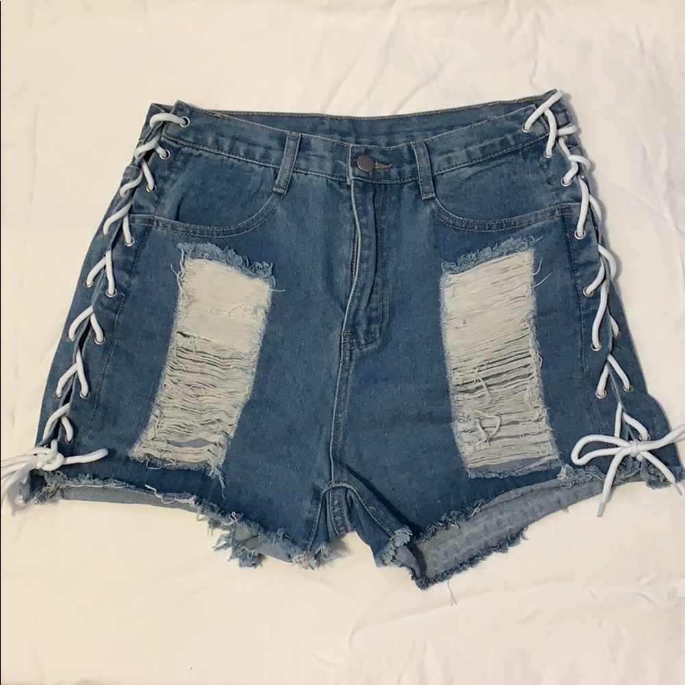 Lace up denim shorts